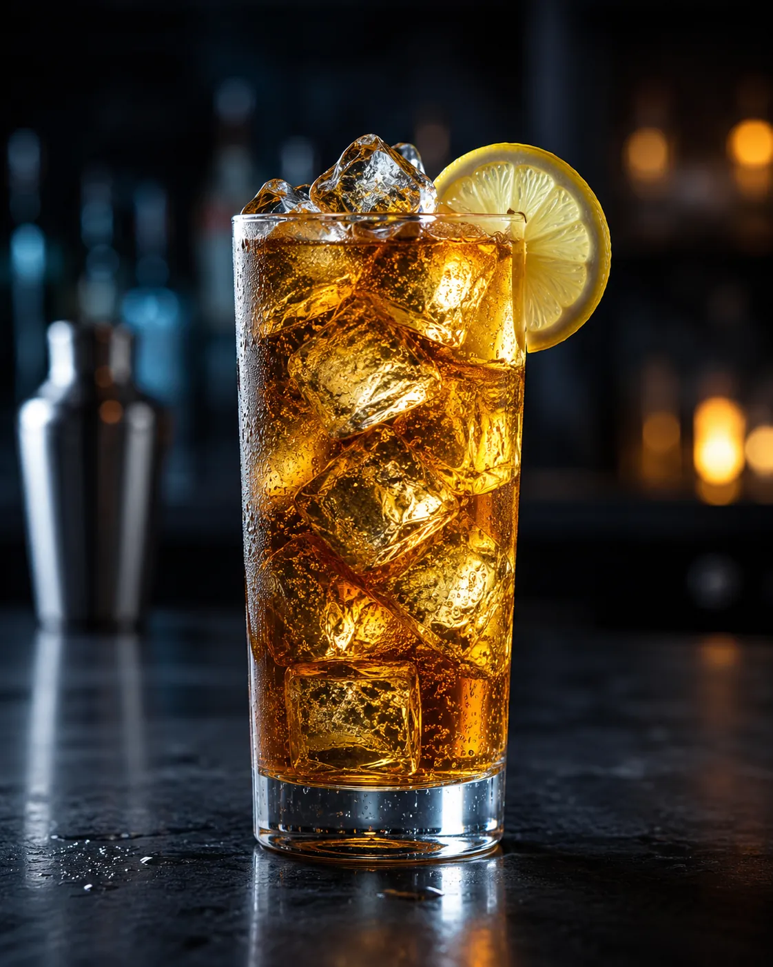 Коктейль Лонг Айленд Айс Ті у келиху Highball з колою, льодом і скибочкою лимона