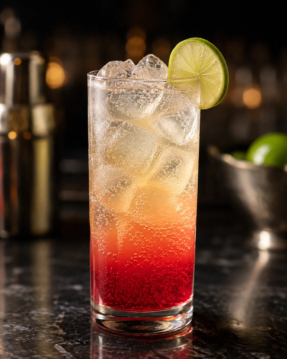Original Tequila Sunrise 1930-х — текіла, лайм, гренадин і crème de cassis із содовою у келиху хайбол