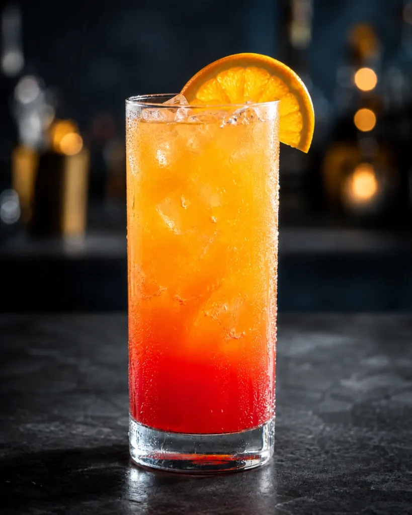 Класичний коктейль Текіла Санрайз (Tequila Sunrise) з градієнтом від жовтого до червоного у келиху хайбол