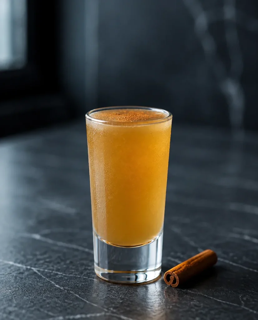Коктейль Яблучний пиріг (Apple Pie Shot) у шот-келиху з корицею зверху на темній стільниці