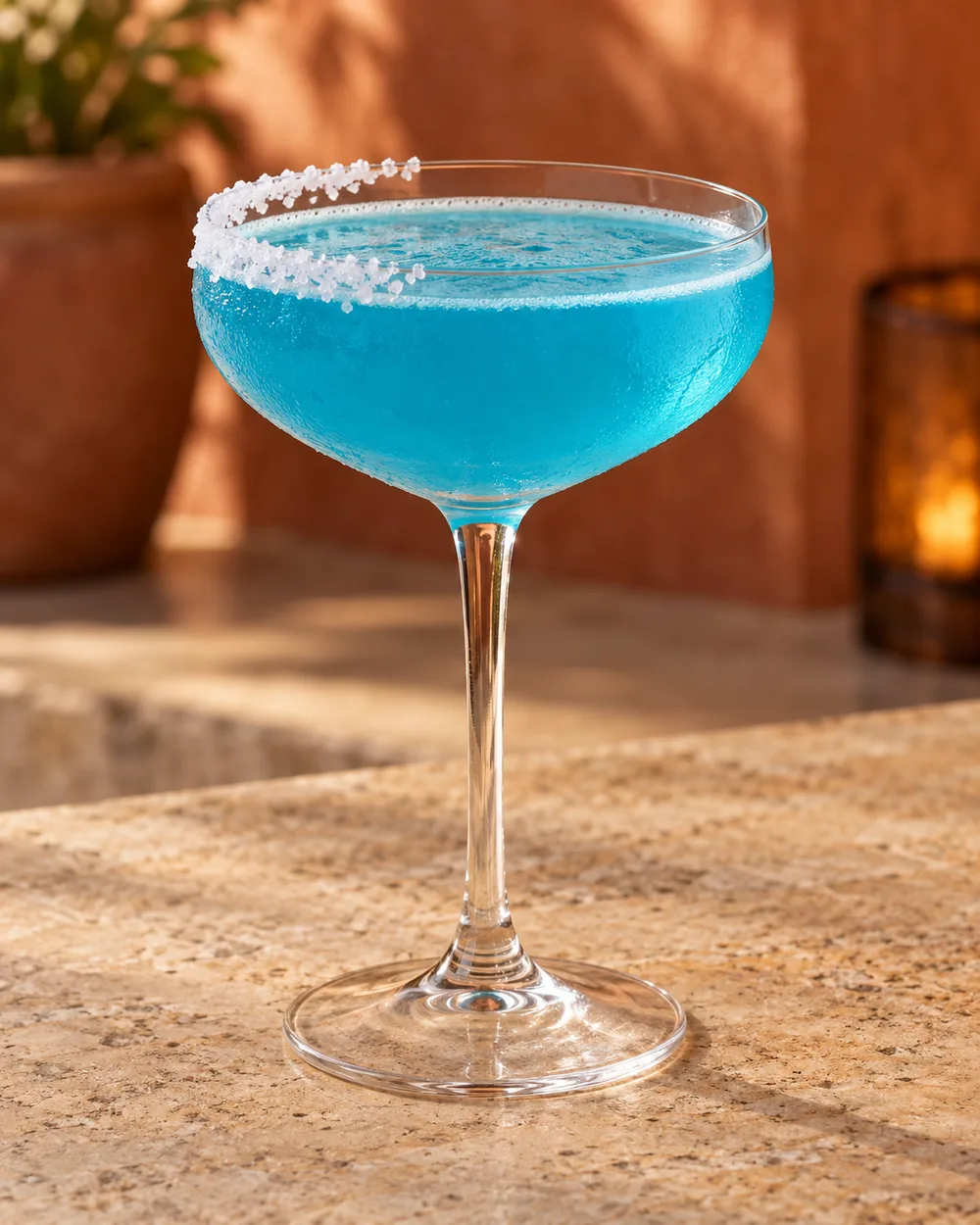 Коктейль Блакитна Маргарита (Blue Margarita) у келиху-купе з сольовою каймою на половині краю