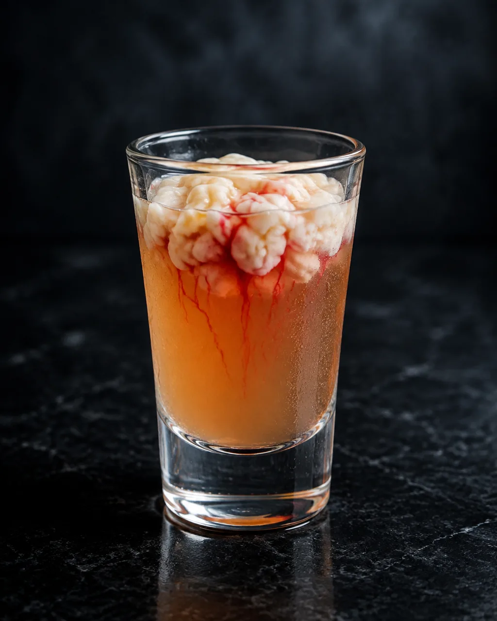 Коктейль Мозок зомбі (Brain Hemorrhage Shot) — шот-келих із персиковим шнапсом, білим згустком вершкового лікеру і червоними прожилками гренадину на чорному тлі