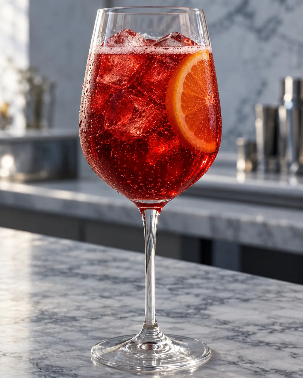 Коктейль Кампарі Шприц (Campari Spritz) у келиху для вина з льодом і скибкою апельсину