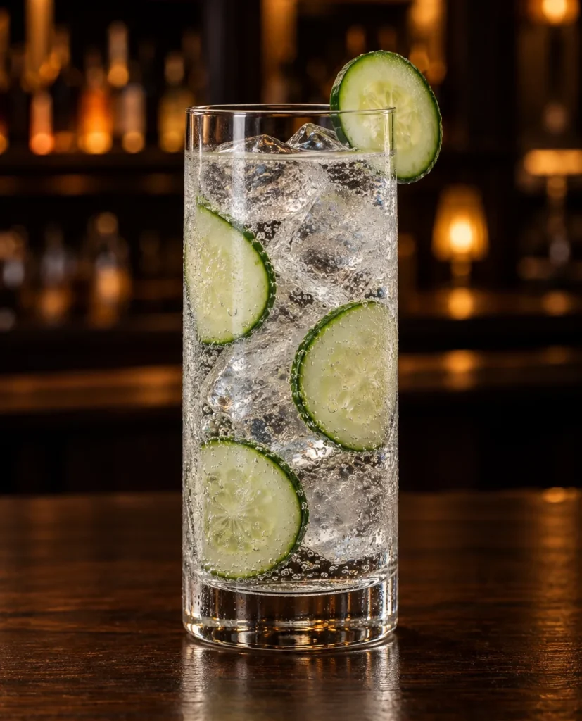 Коктейль Джин-тонік з огірком (Cucumber Gin & Tonic) у хайболі з льодом і скибочками огірка