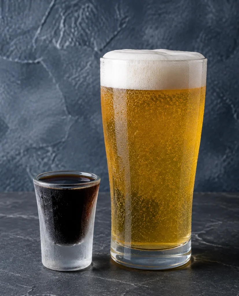 Шот Єгермейстер з пивом (Deer & Beer): крижаний шот Jägermeister поруч із келихом світлого пива