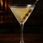 Коктейль Брудний Мартіні (Dirty Martini) у келиху мартіні з трьома зеленими оливками на шпажці