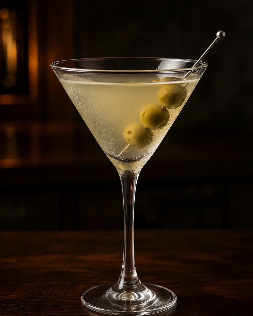 Коктейль Брудний Мартіні (Dirty Martini) у келиху мартіні з трьома зеленими оливками на шпажці