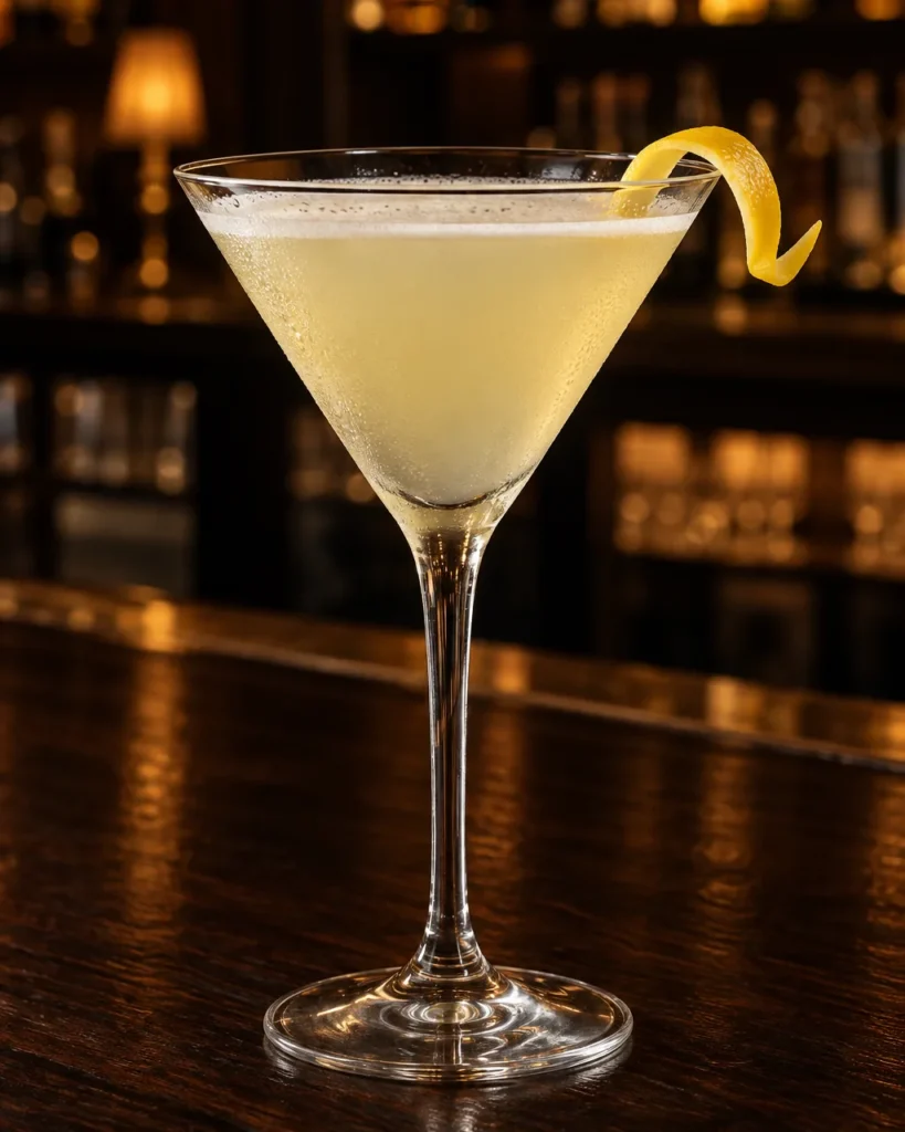 Коктейль Бузиновий Мартіні (Elderflower Martini) у келиху для мартіні з твістом лимона на барній стійці