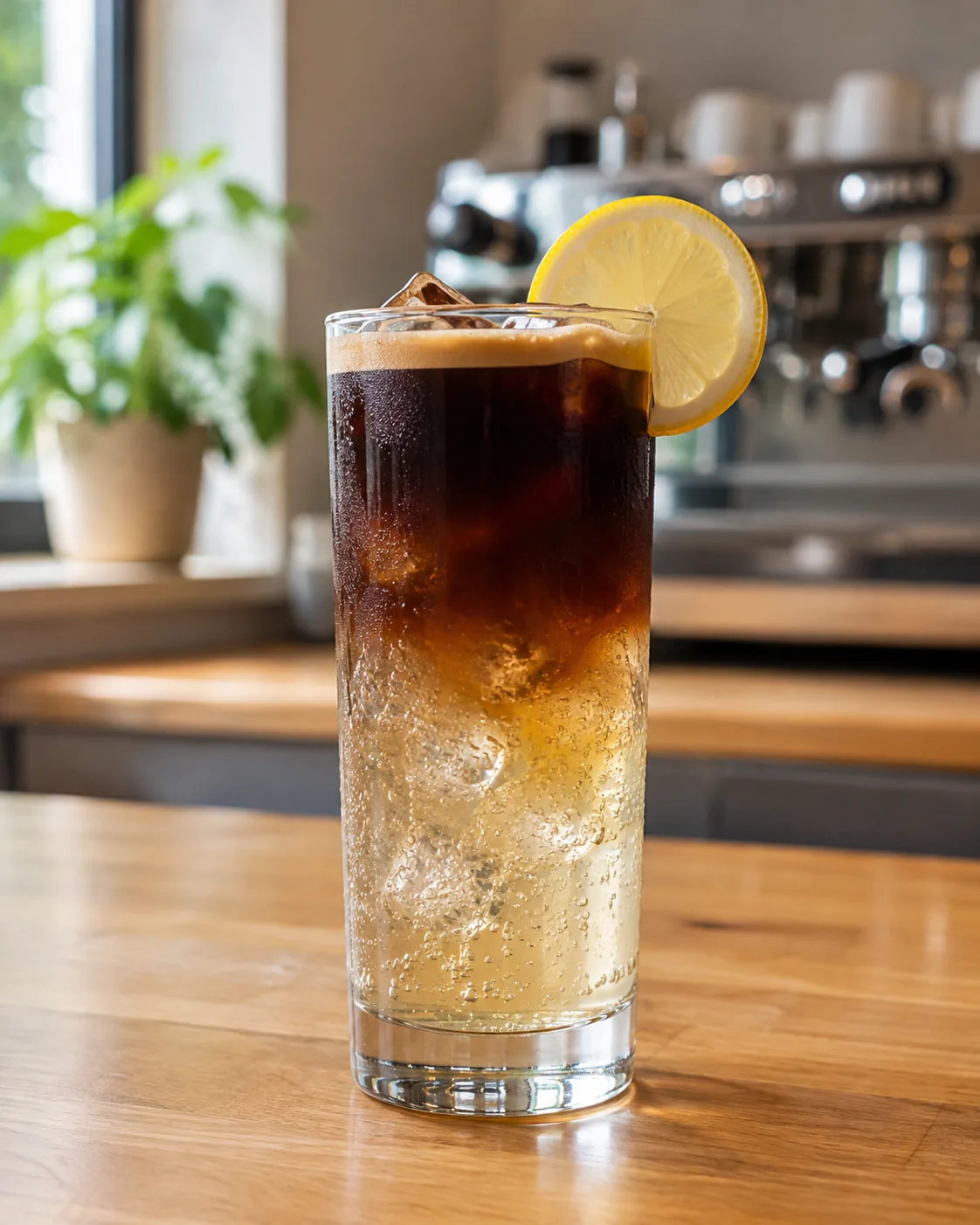 Коктейль Еспресо Тонік (Espresso Tonic) — шари еспресо і тоніка з льодом у хайболі, скибочка лимона