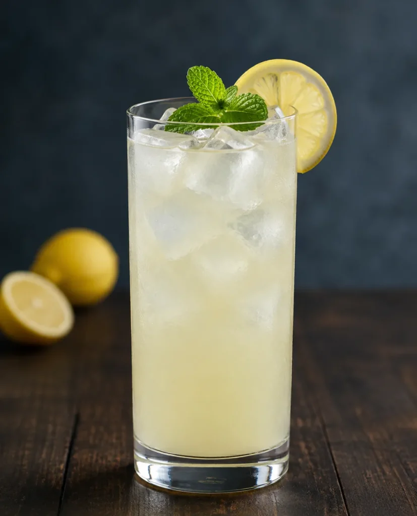 Коктейль Домашній лимонад (Homemade Lemonade) у хайболі з льодом, кружальцем лимона та гілочкою м'яти на темному столі