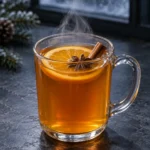 Коктейль Гарячий апероль (Hot Aperol Spritz) у прозорому термостійкому келиху з ручкою: гаряча помаранчева рідина з парою, кружальце апельсина, паличка кориці та зірочка бадьяну