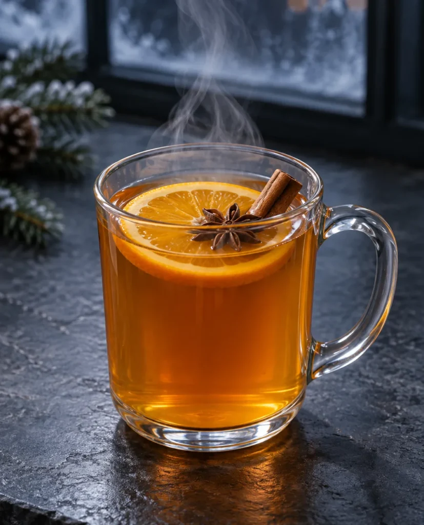 Коктейль Гарячий апероль (Hot Aperol Spritz) у прозорому термостійкому келиху з ручкою: гаряча помаранчева рідина з парою, кружальце апельсина, паличка кориці та зірочка бадьяну