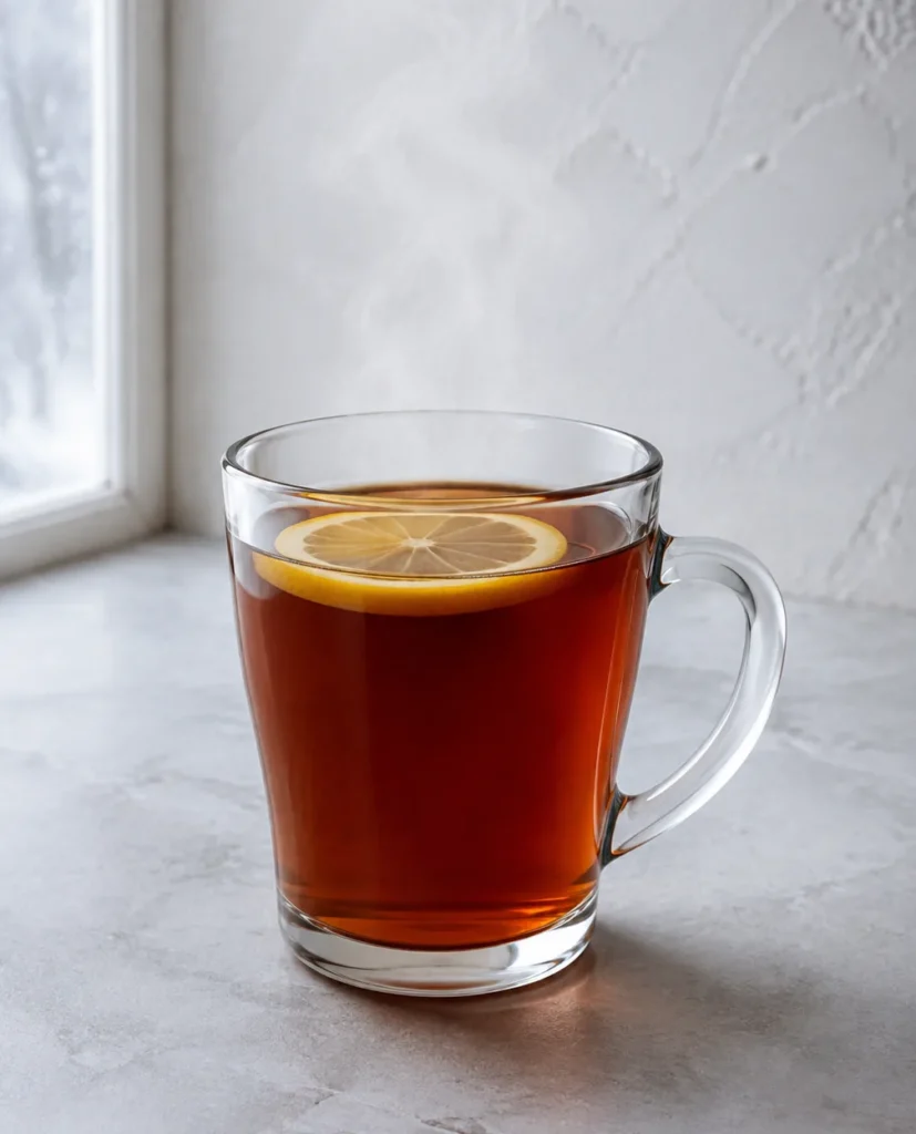 Коктейль Гарячий єгермейстер з чаєм (Hot Jägermeister Tea) у скляному термостійкому келиху з кружальцем лимона