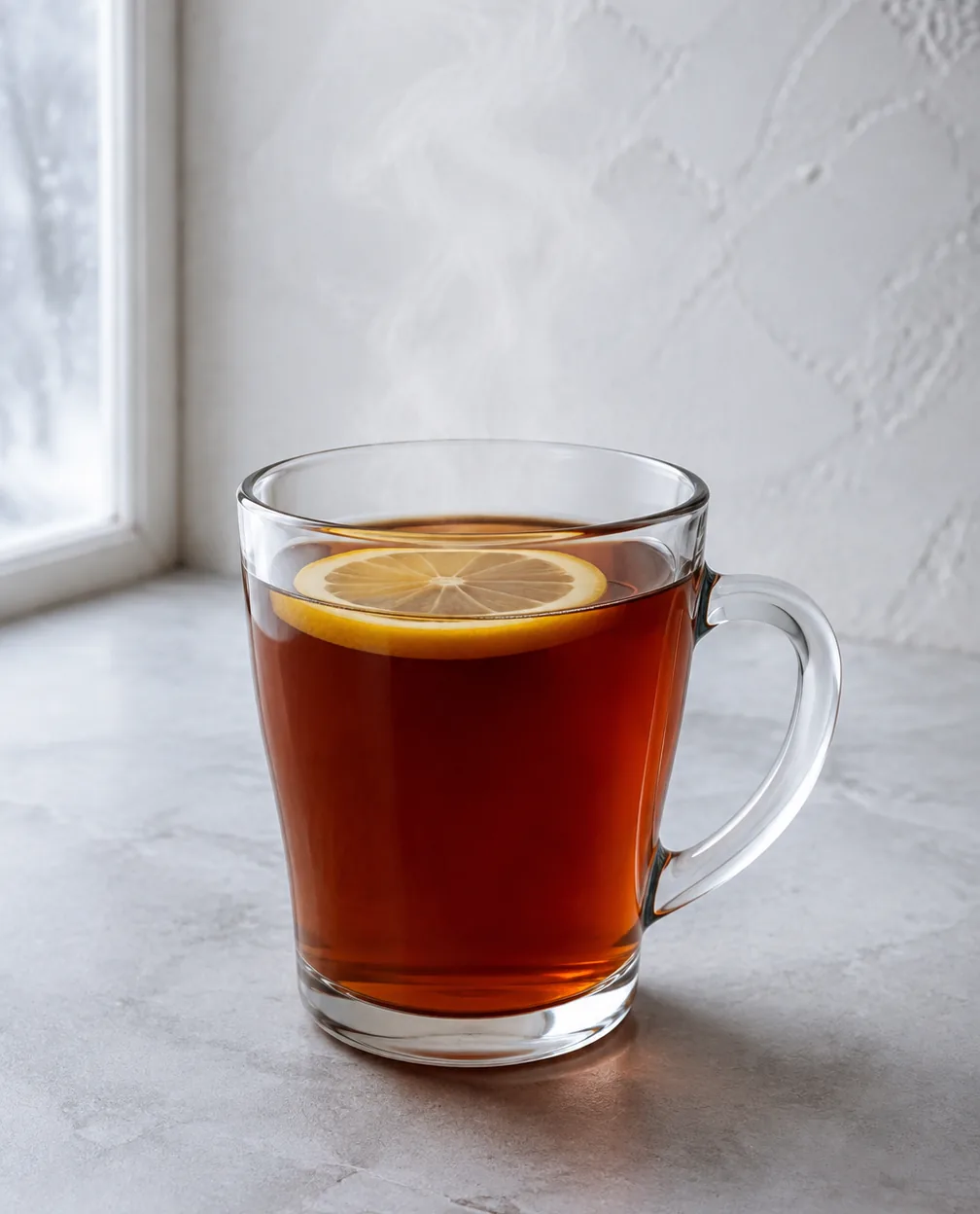 Коктейль Гарячий єгермейстер з чаєм (Hot Jägermeister Tea) у скляному термостійкому келиху з кружальцем лимона