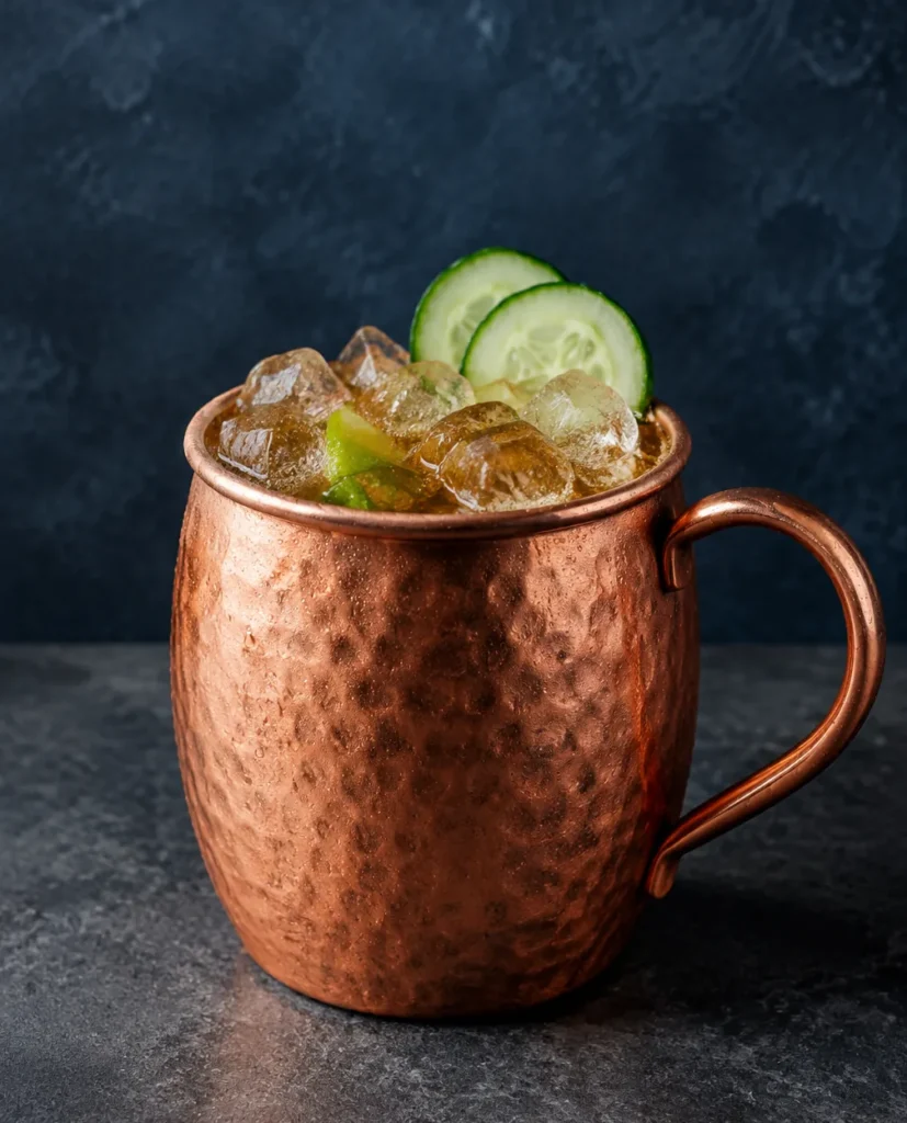 Коктейль Єгермейстер Мул (Jägermeister Mule) у мідному кухлі з льодом, лаймом і кружальцями огірка