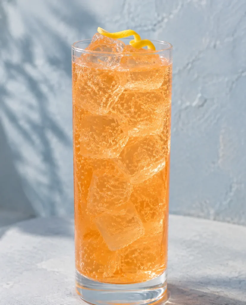 Коктейль Єгермейстер Оранж зі спрайтом (Jägermeister Orange Lemon-Lime Soda) у хайболі з льодом і лимонною цедрою