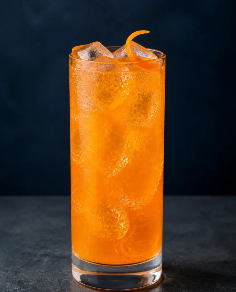 Коктейль Єгермейстер Оранж з апельсиновою содовою (Jägermeister Orange Soda) у хайболі з льодом і апельсиновою цедрою