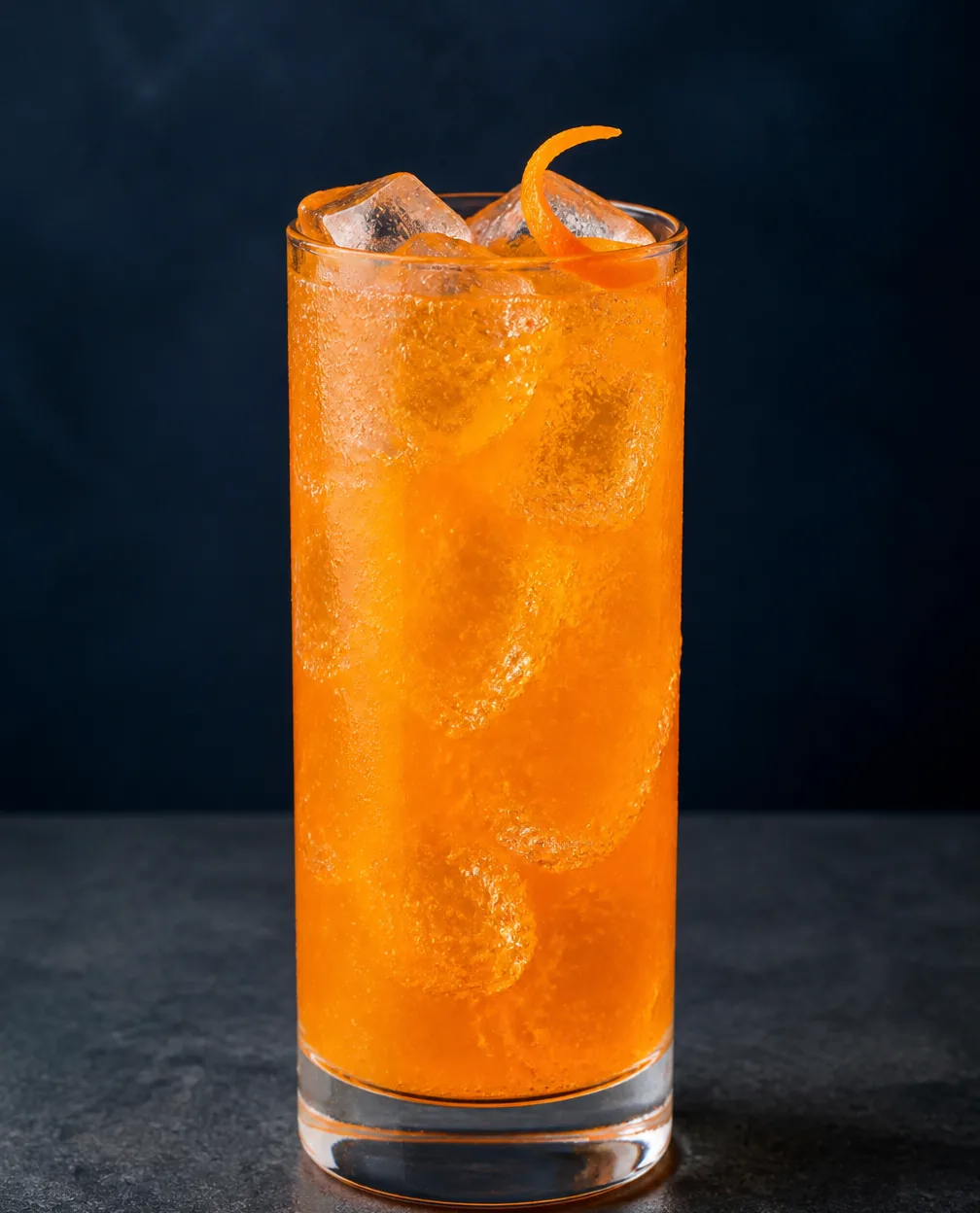 Коктейль Єгермейстер Оранж з апельсиновою содовою (Jägermeister Orange Soda) у хайболі з льодом і апельсиновою цедрою