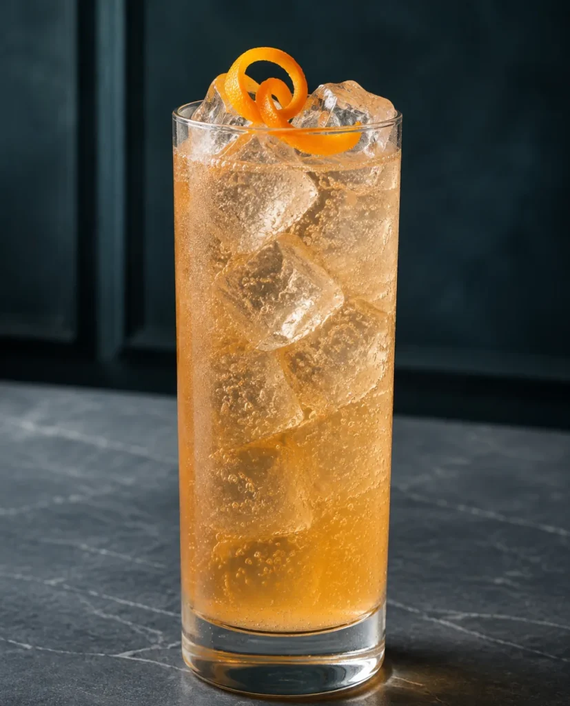 Коктейль Єгермейстер Оранж Тонік (Jägermeister Orange Tonic) у хайболі з льодом і апельсиновою цедрою
