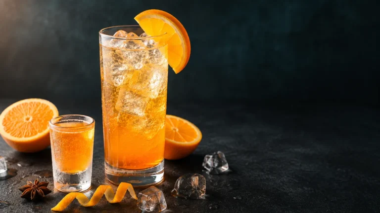 Jägermeister Orange: крижаний шот і високий келих з яскраво-помаранчевим лікером, лимонно-лаймовою газованкою, льодом і часточкою апельсина на темному тлі