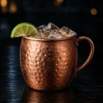 Коктейль Київ Мул (Kyiv Mule) — мідний кухоль з льодом і часточкою лайма, вкритий інеєм