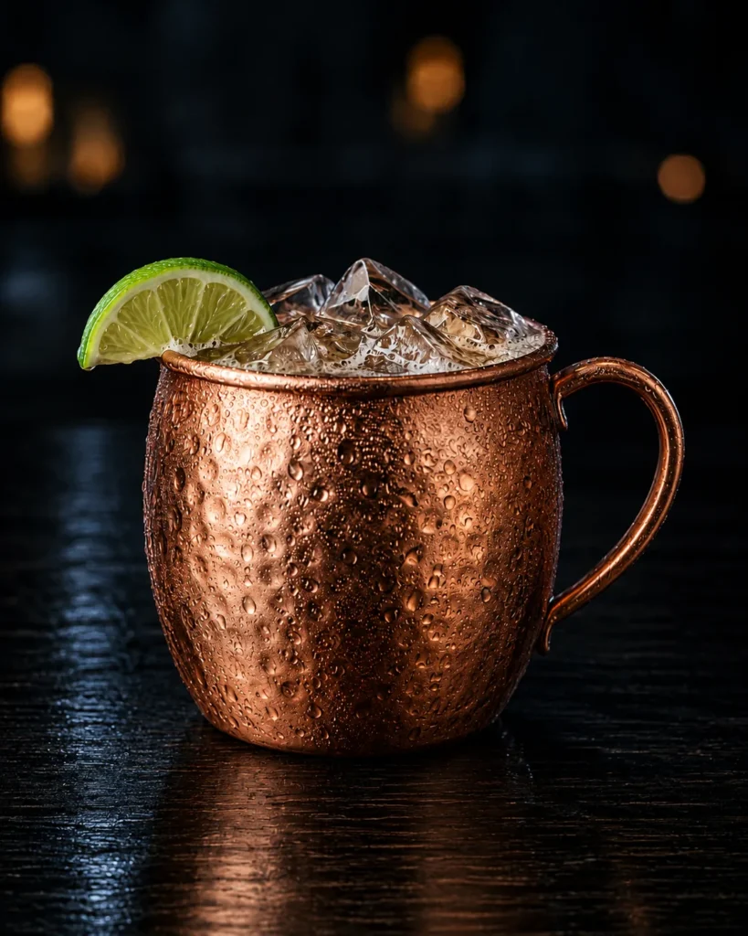 Коктейль Київ Мул (Kyiv Mule) — мідний кухоль з льодом і часточкою лайма, вкритий інеєм