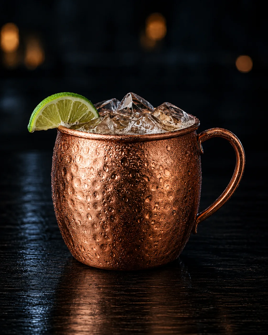 Коктейль Київ Мул (Kyiv Mule) — мідний кухоль з льодом і часточкою лайма, вкритий інеєм
