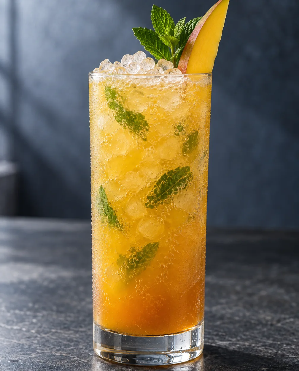 Коктейль Мохіто манго-маракуйя (Mango Passion Fruit Mojito) у хайболі з дробленим льодом, мʼятою і скибкою манго