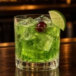 Коктейль Мідорі Сауер (Midori Sour) — яскраво-зелений напій у склянці рокс з льодом, часточкою лайма на краю і вишнею