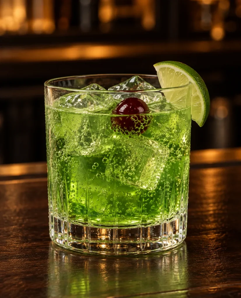 Коктейль Мідорі Сауер (Midori Sour) — яскраво-зелений напій у склянці рокс з льодом, часточкою лайма на краю і вишнею