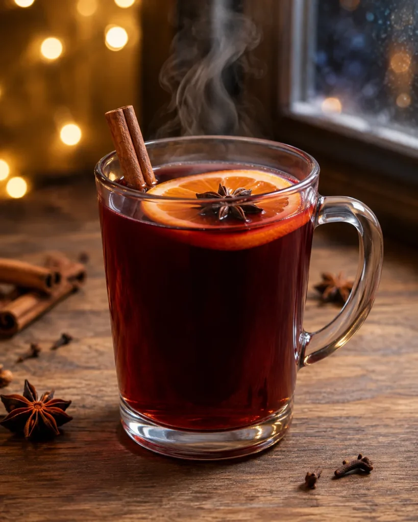Коктейль Безалкогольний глінтвейн (Non-Alcoholic Mulled Wine) на виноградному соку з апельсином, бадьяном і корицею в скляному кухлі