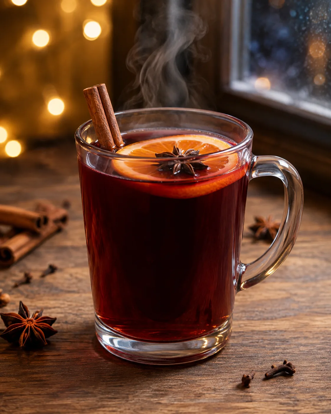 Коктейль Безалкогольний глінтвейн (Non-Alcoholic Mulled Wine) на виноградному соку з апельсином, бадьяном і корицею в скляному кухлі
