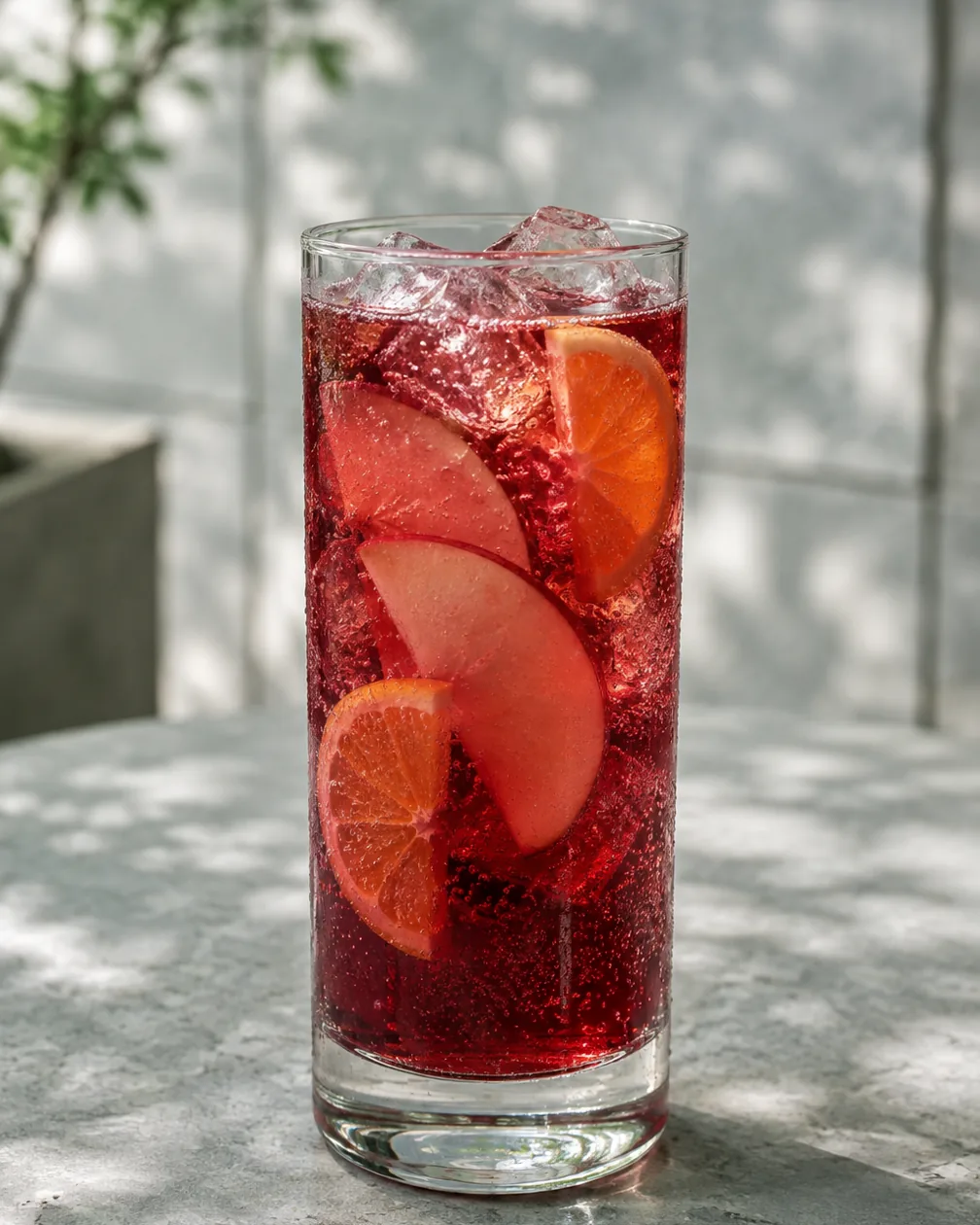 Коктейль Безалкогольна сангрія (Non-Alcoholic Sangria) у високому келиху з часточками яблука та скибочками апельсина