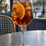 Коктейль Пікон Шприц (Picon Spritz) — келих для вина з льодом, темно-бурштиновий напій і скибка апельсину