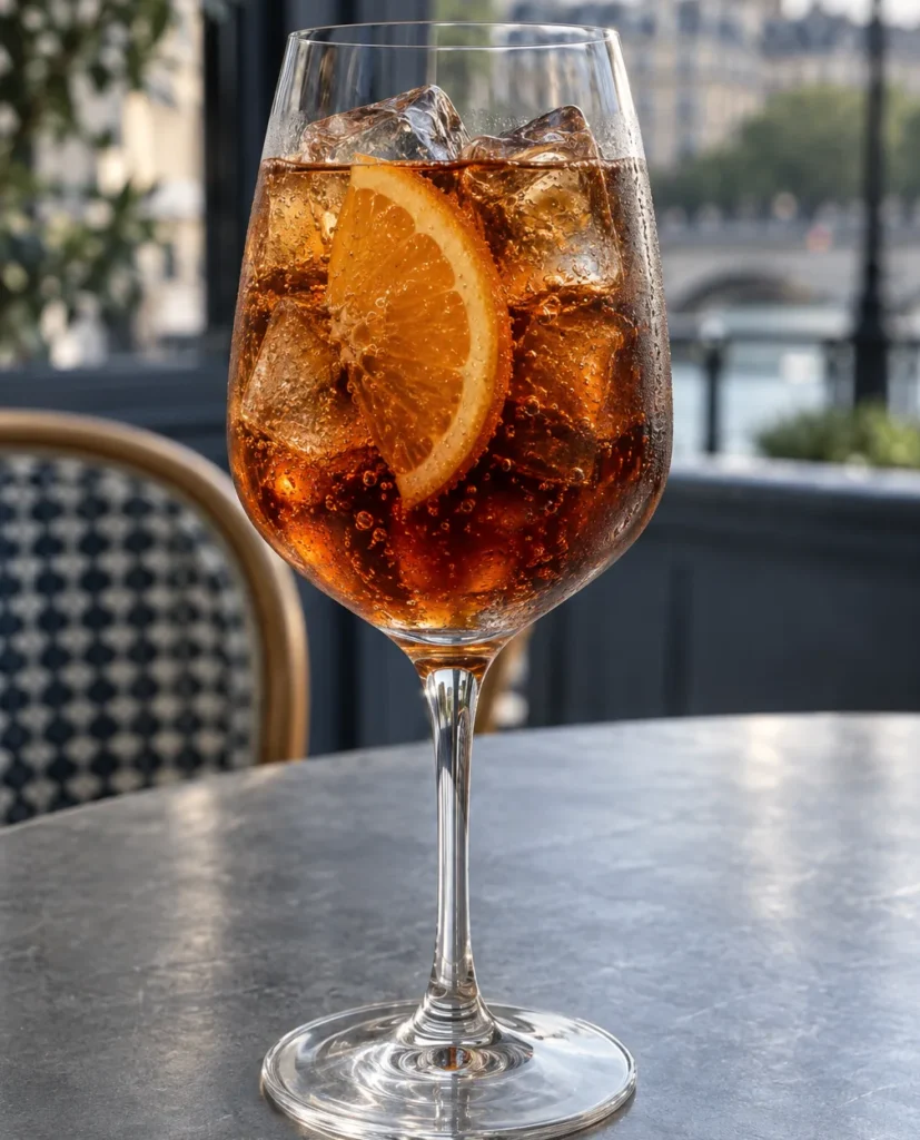 Коктейль Пікон Шприц (Picon Spritz) — келих для вина з льодом, темно-бурштиновий напій і скибка апельсину