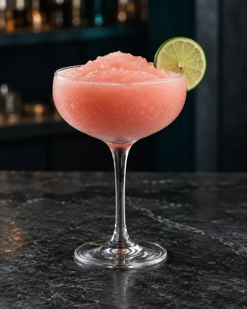 Коктейль Рожева Фрозен Маргарита (Pink Frozen Margarita) у келиху-купе з кружальцем лайма