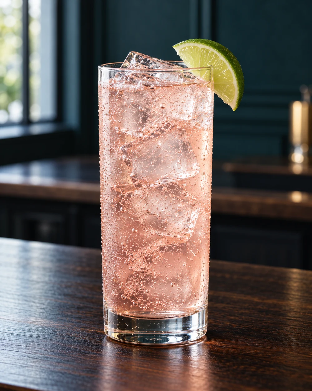 Коктейль Рожевий джин-тонік (Pink Gin & Tonic) у хайболі з льодом і часточкою лайма