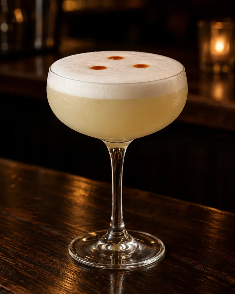 Коктейль Піско Сауер (Pisco Sour) у келиху купе з густою білою піною і трьома краплями біттеру