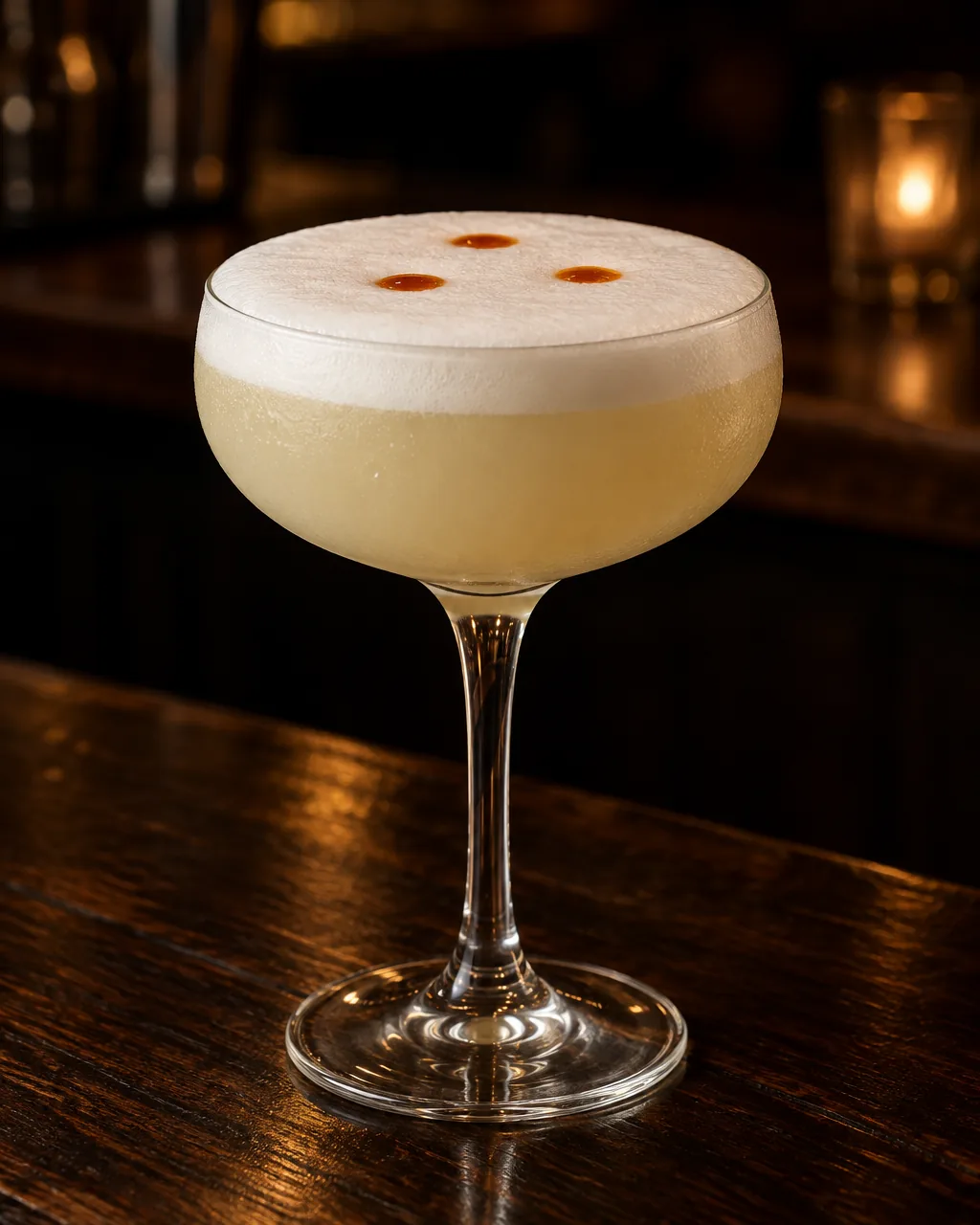 Коктейль Піско Сауер (Pisco Sour) у келиху купе з густою білою піною і трьома краплями біттеру