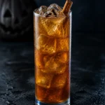Коктейль Гарбузовий пунш (Pumpkin Punch) — хайбол з бурштиновим пуншем, льодом, паличкою кориці й гвоздикою на тлі гарбуза-ліхтаря