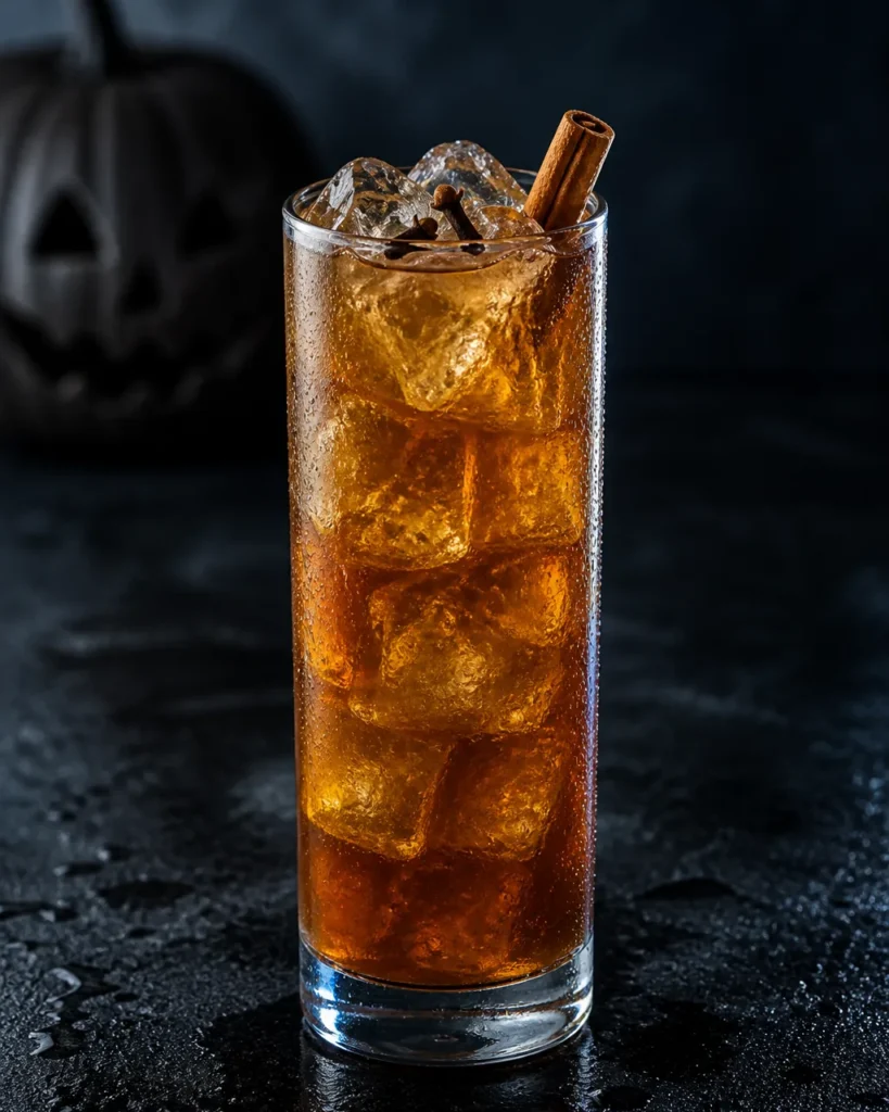 Коктейль Гарбузовий пунш (Pumpkin Punch) — хайбол з бурштиновим пуншем, льодом, паличкою кориці й гвоздикою на тлі гарбуза-ліхтаря