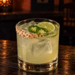 Коктейль Спайсі Маргарита з халапеньо (Spicy Margarita) у келиху рокс на льоду, з каймою із солі з чилі, скибочками халапеньо і кружальцем лайма