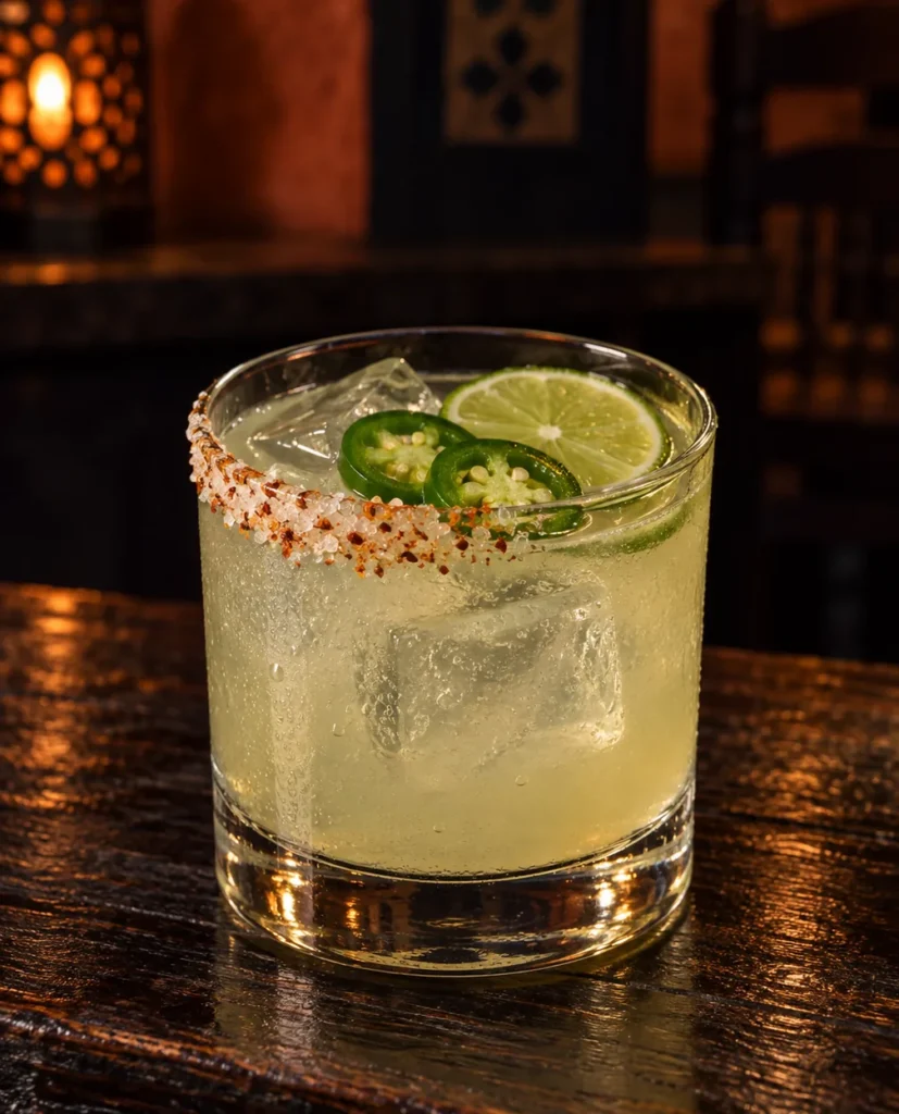 Коктейль Спайсі Маргарита з халапеньо (Spicy Margarita) у келиху рокс на льоду, з каймою із солі з чилі, скибочками халапеньо і кружальцем лайма
