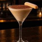 Коктейль Тірамісу Мартіні (Tiramisu Martini) у келиху для мартіні: вершково-кавовий напій, какао зверху і печиво савоярді на вінці