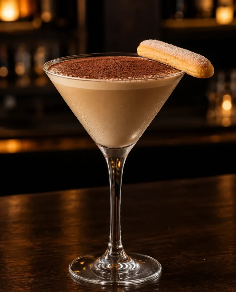 Коктейль Тірамісу Мартіні (Tiramisu Martini) у келиху для мартіні: вершково-кавовий напій, какао зверху і печиво савоярді на вінці