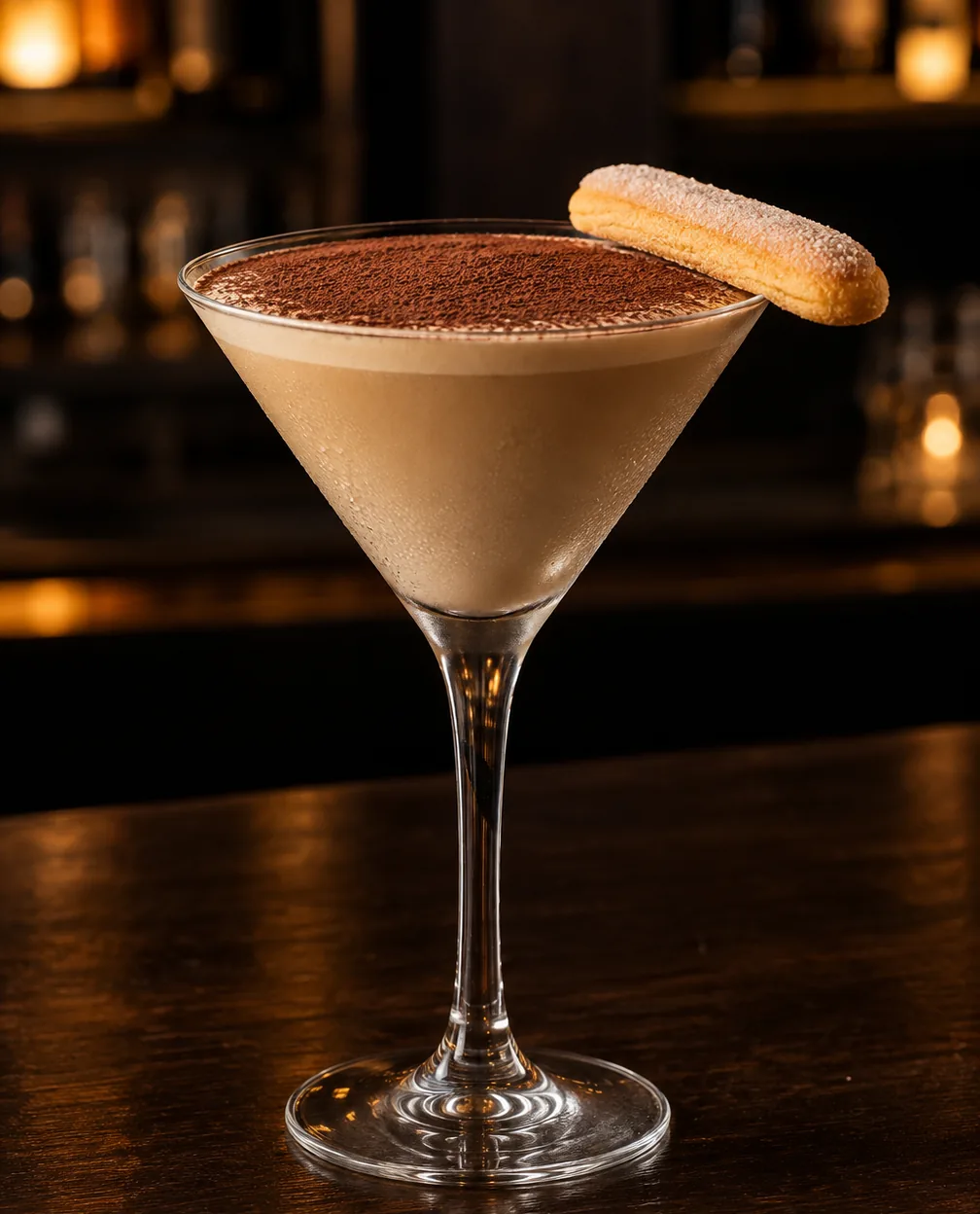 Коктейль Тірамісу Мартіні (Tiramisu Martini) у келиху для мартіні: вершково-кавовий напій, какао зверху і печиво савоярді на вінці