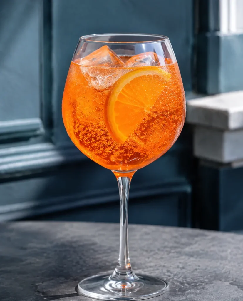 Коктейль Безалкогольний апероль шприц (Virgin Aperol Spritz) у келиху для вина з льодом і скибочкою апельсина