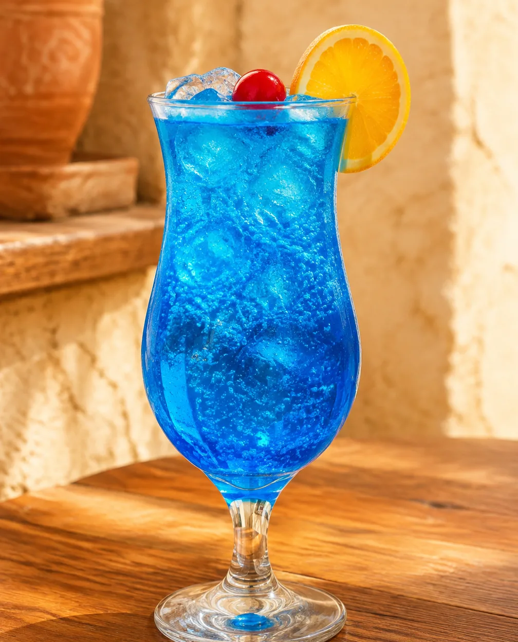 Коктейль Блакитна лагуна безалкогольна (Virgin Blue Lagoon) у келиху Hurricane з льодом, скибочкою апельсина і вишнею