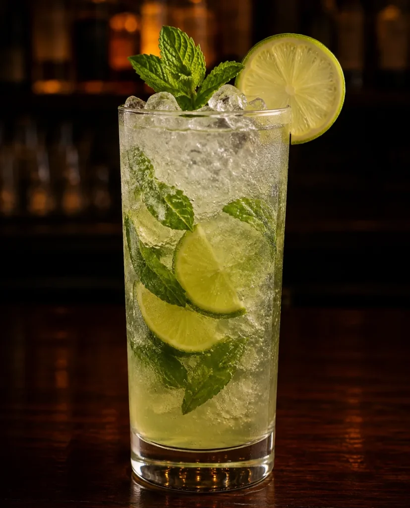 Коктейль Безалкогольний мохіто (Virgin Mojito) у хайболі з дробленим льодом, м’ятою і кружальцем лайма