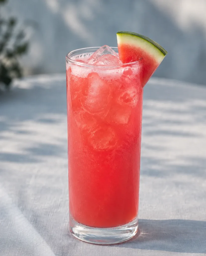Коктейль Кавунове соджу (Watermelon Soju): рожевий хайбол з кавуновим пюре, льодом і часточкою кавуна